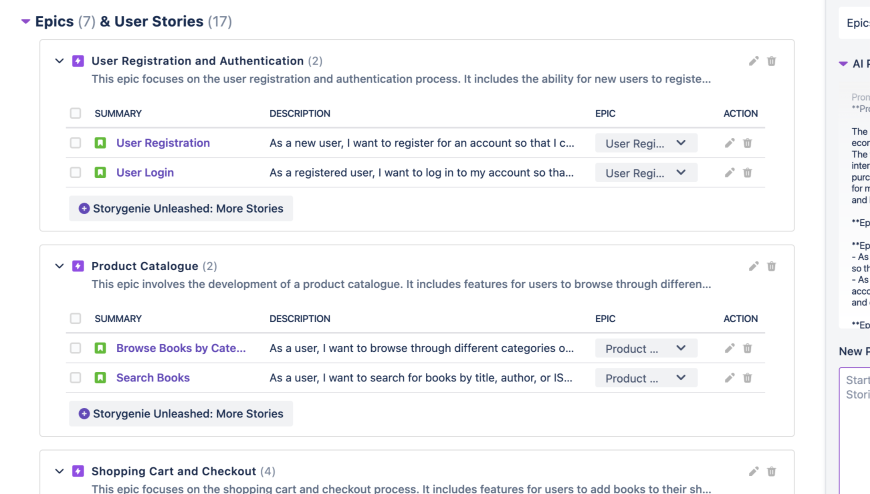 Creation of multiple Epics and User Stories from a single user prompt for super-fast scope definition. Continue to edit the output before publishing directly to your Jira project.