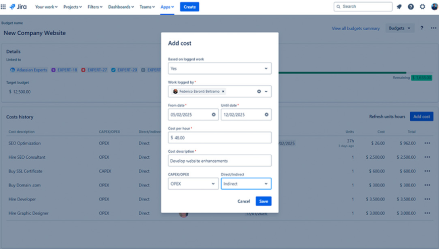 Identify CAPEX, OPEX, direct and indirect costs by tracking project costs