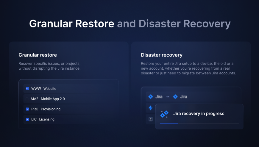 Recover your entire Jira instance or choose data to restore - projects, issues, attachments, or workflows. Restore to the same or new Jira account (even free) or local machine to eliminate service outages or data loss.