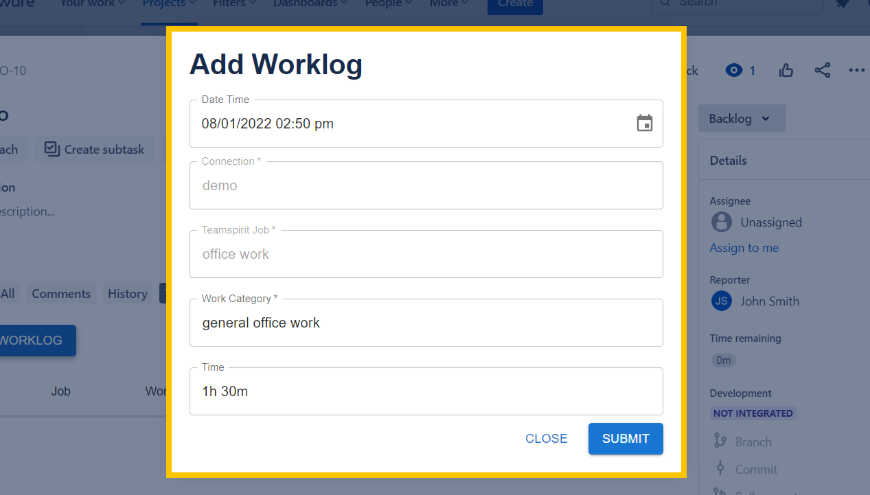 Helps to quickly enter worklogs