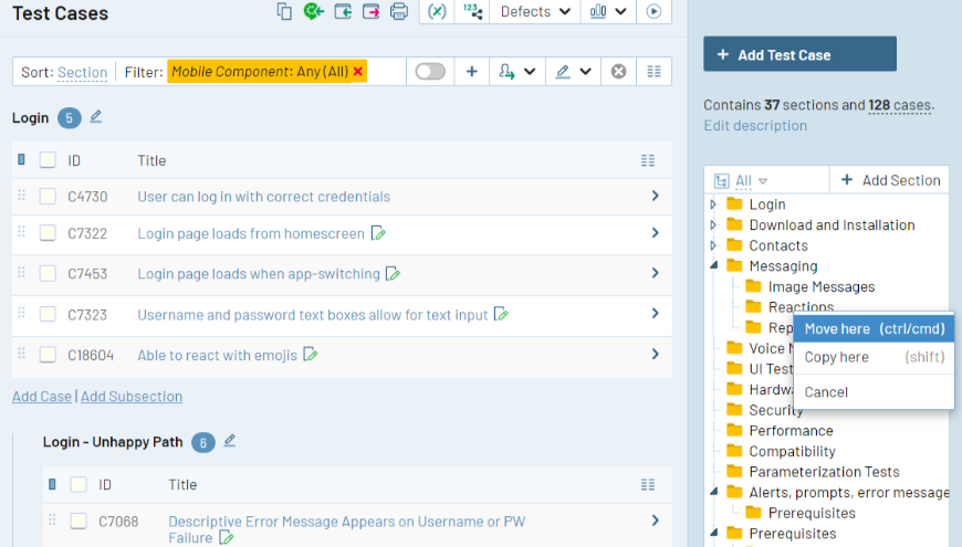 Easily identify and find related test cases using multiple levels of organization which enables your team to manage test cases in a way that makes sense for your processes.