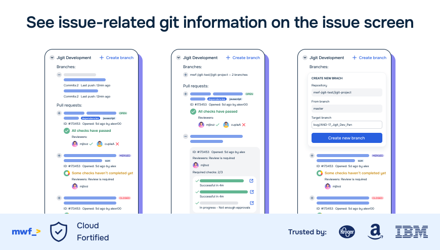 Links GitHub/GitLab commits and pull requests to a Jira issue by mentioning the Jira issue key in the commit message or pull/merge request title. View commits, file changes, authors and more.