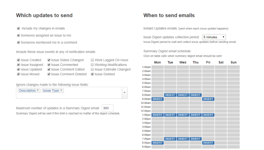 Configure day and time of the day when you would like to receive Summary 
 Digest email with the issue updates happened from the last digest. 
Configure the delay in minutes for the Issue Digest email.