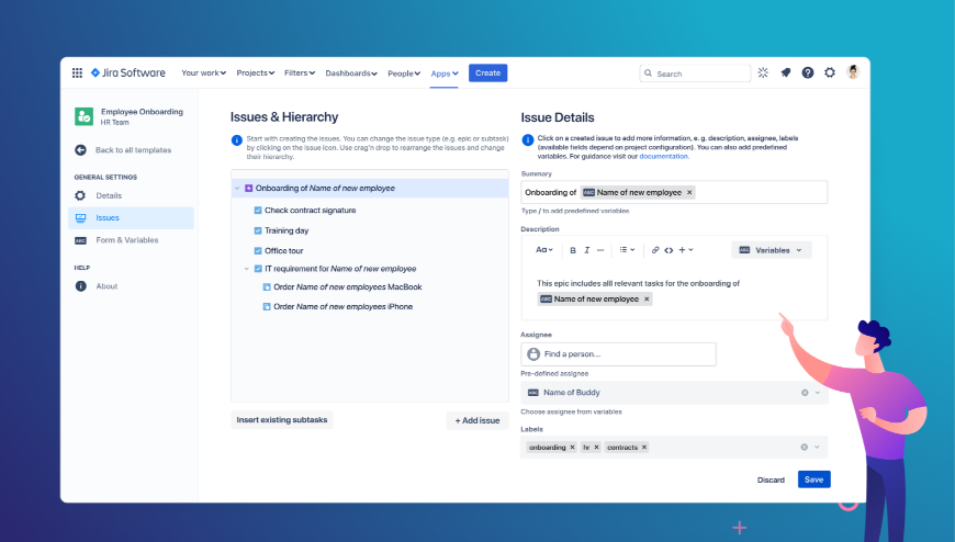 Anyone of your team can create templates for their own projects. Define a template name and add the necessary issues as well as more issue information.