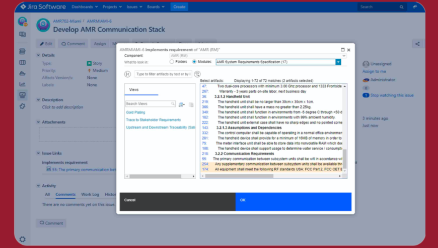 Create trace relationships between Jira issues and artifacts from your Requirements, Test, and Change Management tools. Links are bidirectional, which allows you to navigate back and forth between repositories.