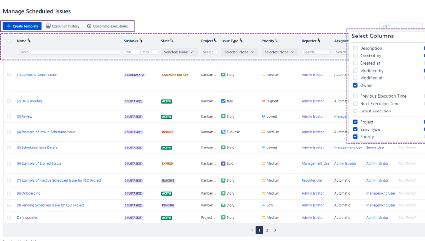 Scheduled Issues are available in project ​Tab Panel, where you can easily manage them. Users with Administrator access can also manage Scheduled Issues through Add-ons page.​