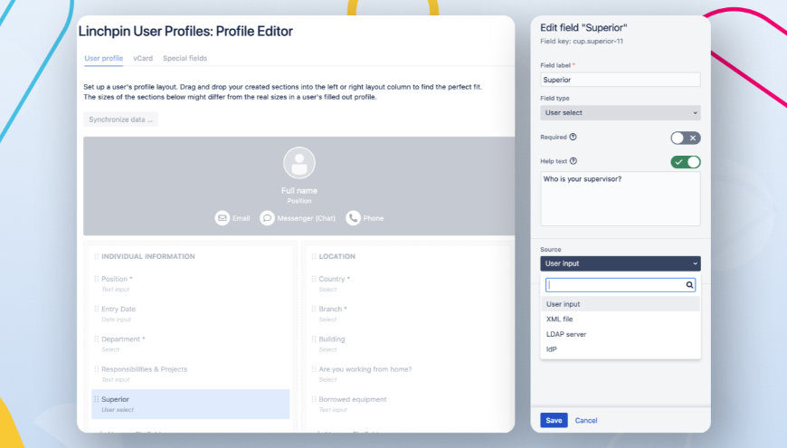 Connect Linchpin User Profiles to your user directory (e.g. Active Directory) via an LDAP protocol, an XML file (e.g. from SAP) or an IdP sync (via resolution's UserSync app).