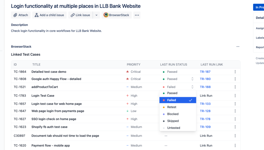 Update test result for a test case. Same status will reflect in Test Management as well.