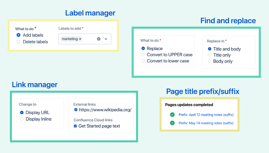 Find and replace, label manager, link manager