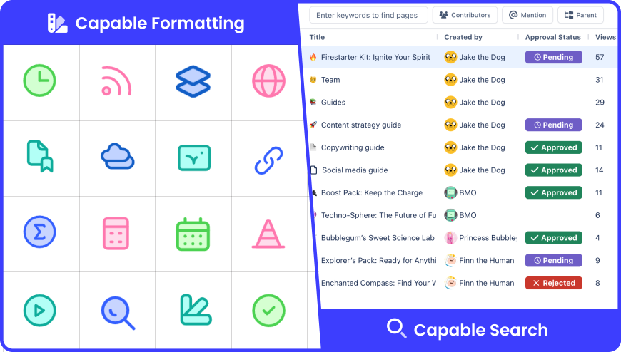 Elevate page functionality with over 20 formatting macros. From interactive buttons to RSS feeds, customize content to your needs - make your Confluence pages more engaging. Search for pages and manage content with ease.