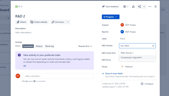 Easily assign issues to R&D activities.