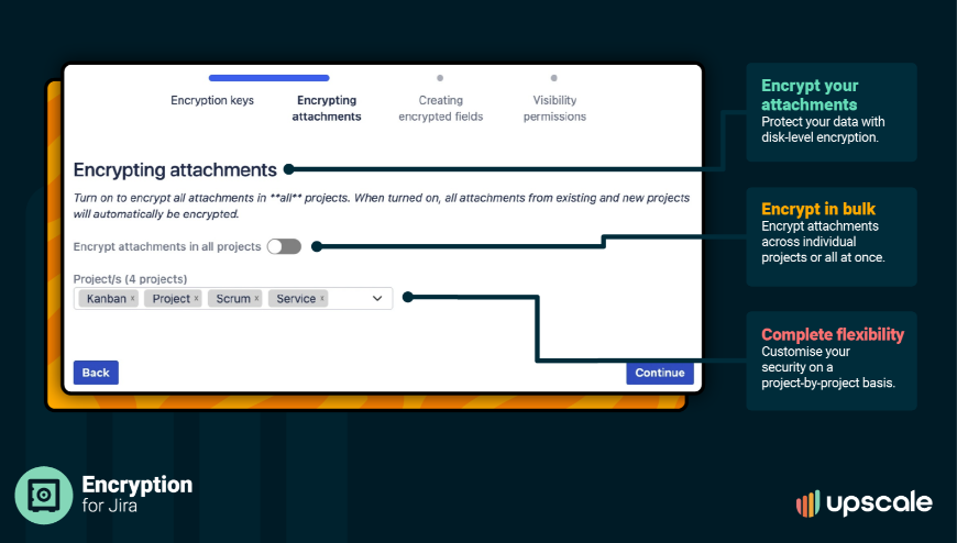 Use Encryption for Jira ot instantly encrypt attachments across individual or all projects at once.