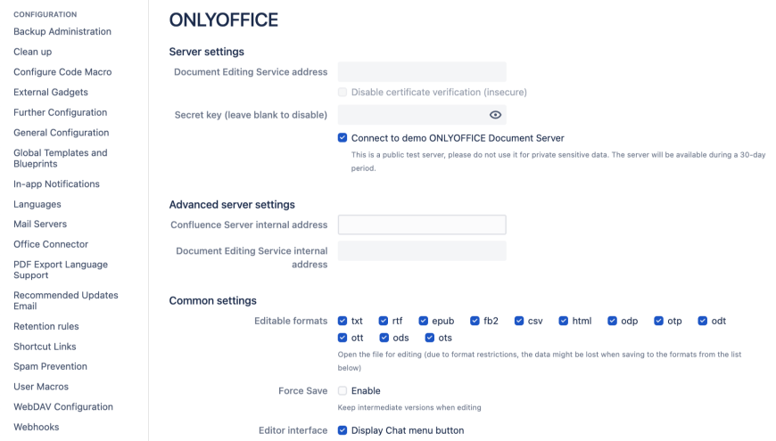 In this screenshot, you can see the configuration page of ONLYOFFICE Document Server within Confluence.