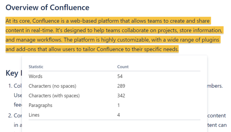 📊 Use "Count for Confluence" to quickly count words, characters (with & without spaces), paragraphs, and lines on selected text within a Confluence page.