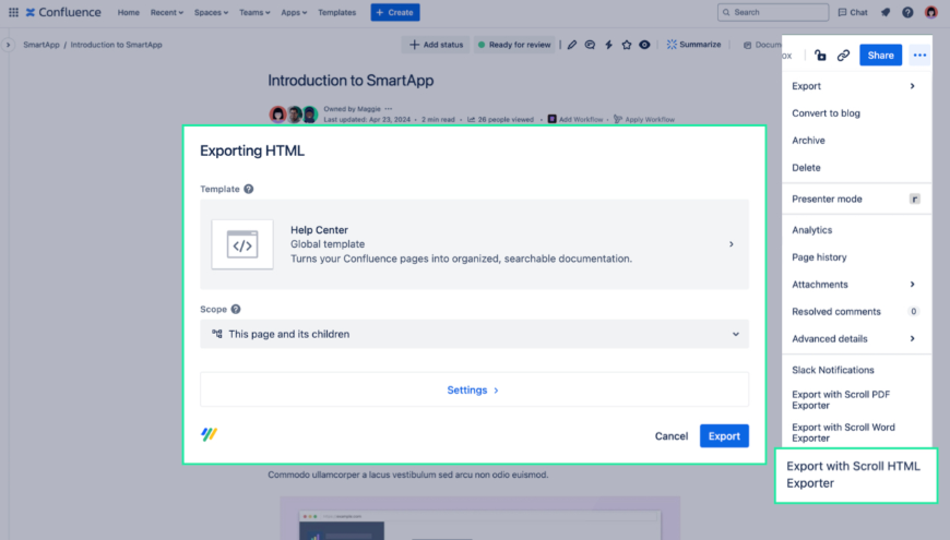 Export single pages, specific page trees, or entire spaces from Confluence. Create HTML documents for archiving purposes or to deliver your content to users in various ways with full control over style and formatting.