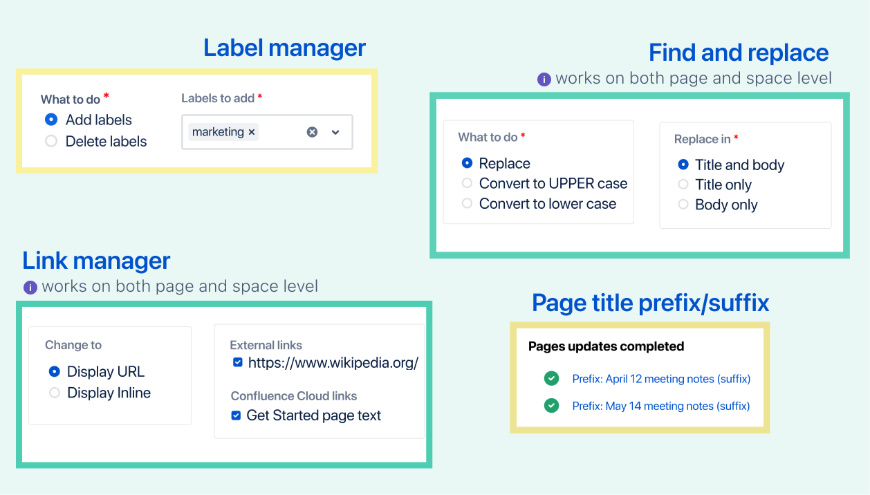 Find and replace, label manager, link manager