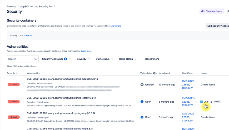 AppSOC automatically helps you create Jira tickets for your vulnerabilities