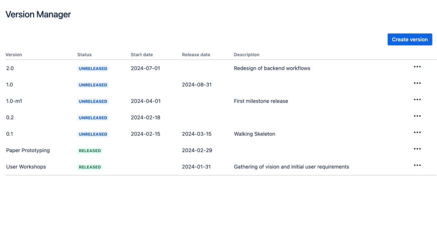 New user interface to manage versions