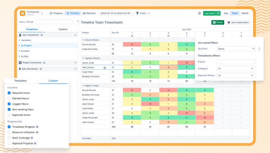 Team Timesheets and Reports.
Track logged work of team members.
Get Planned vs Actual, Resource Utilization, Skill Availability and other reports.
Built-in integration with Tempo, Jira Advanced Roadmaps & Big Picture.