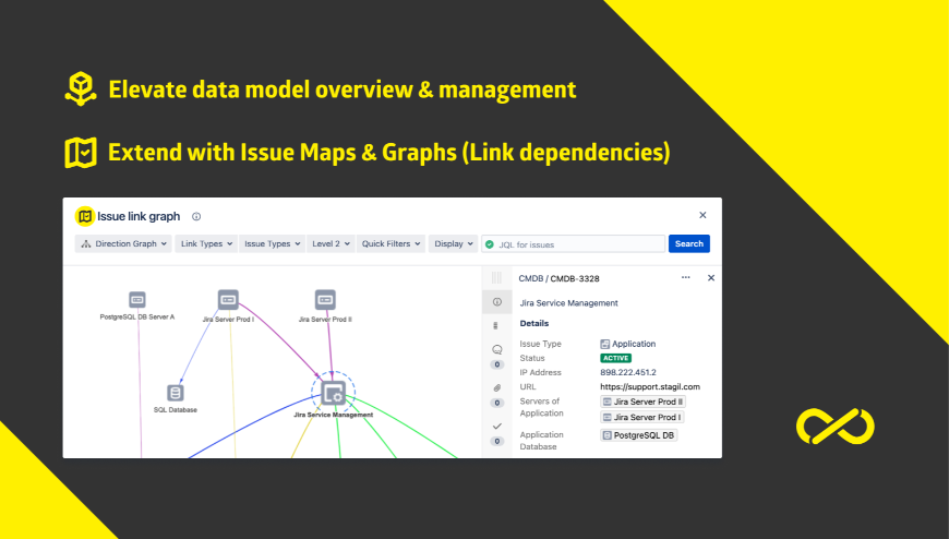 Visually create your business data model inside Jira similar to the Jira workflow designer. Explore your issue links and drill through different dependency levels.