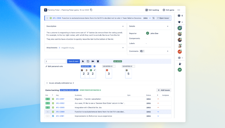 Estimate efforts in real-time with your colleagues. All your actions are instantly displayed to other participants. This works well with 30+ simultaneous players.