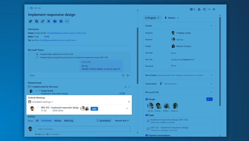 Scheduled Outlook and Microsoft Teams meetings are documented in Jira. Users can join a public meeting through Microsoft Teams with a single click.