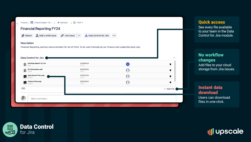 Control Jira files & boost productivity 🚀 Integrate your cloud storage with Data Control for Jira from Upscale. Govern files/attachments seamlessly without leaving Jira.