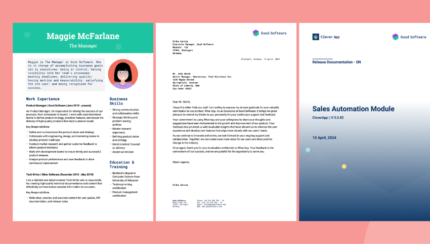 Your team can generate Microsoft Word documents for any use case. From technical documentation to presentations, letterheads, sales quotes, & fact sheets, any type of document can be exported from Confluence.