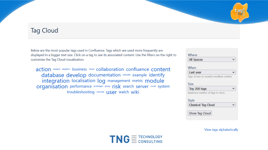 Users can visualize page labels in a space or across the Confluence instance. Different filtering options are in place.
