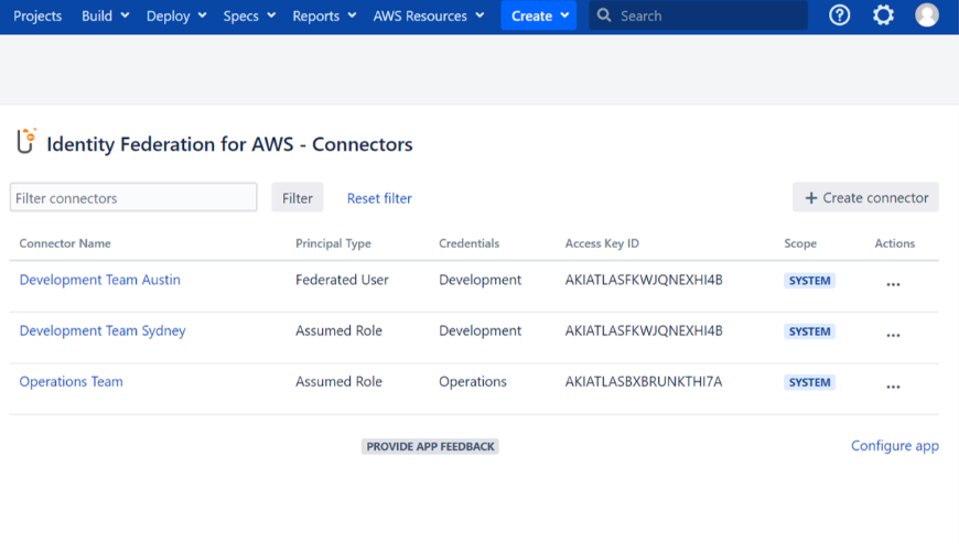 Overview of configured connectors (mapping of AWS accounts to Atlassian groups with optional permission restrictions based on IAM policies).