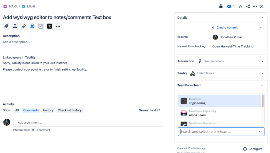 Find and select your teams to link them to work in Jira.