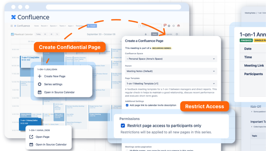 Easily create confidential pages for meetings with flexible access controls. Restrict access to only participants for sensitive sessions like 1-on-1s or client discussions, ensuring privacy and security for your team.