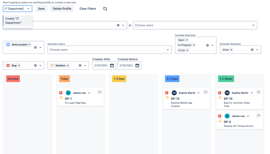 Filter issues by priority, project, or issue type to stay focused on critical deadlines.