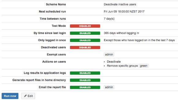 A Scheduled User Operation scheme that has been configured to deactivate users who haven't logged in for over a year.