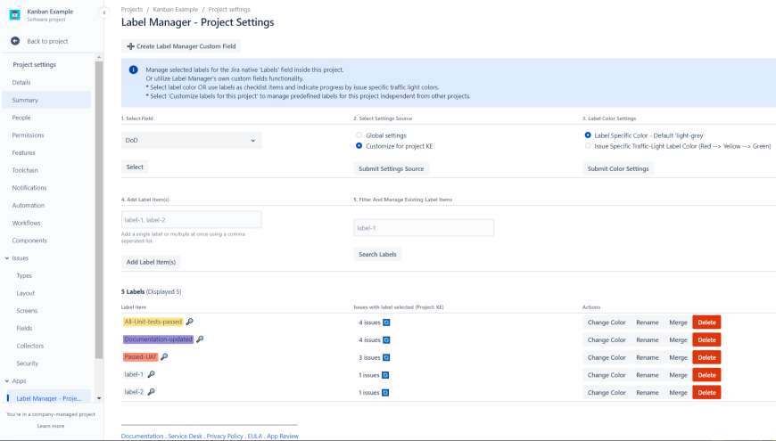 Project specific label management