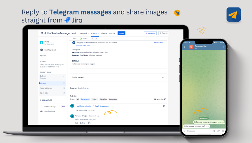 Reply to Telegram messages and share images straight from Jira