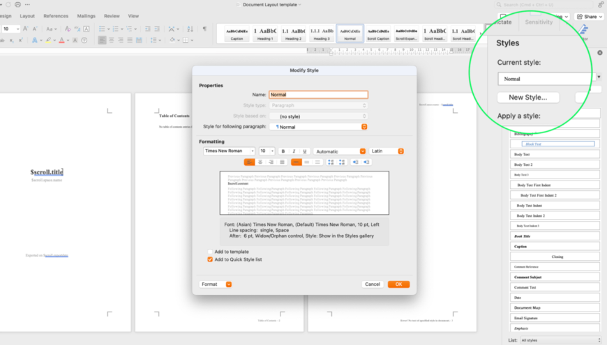 Create templates in Microsoft Word to control the style & formatting of your exports. Customize fonts, colors, macros, table of contents, & more. Upload the templates to Scroll Word Exporter, then choose one upon export.