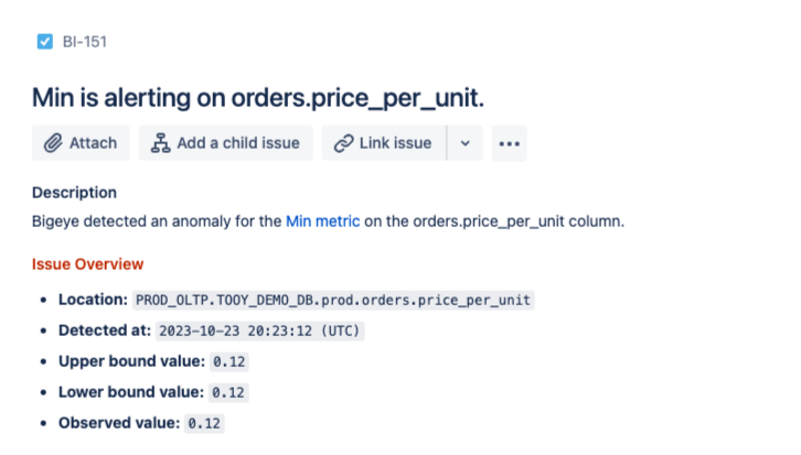 Viewing a Bigeye Issue in Jira