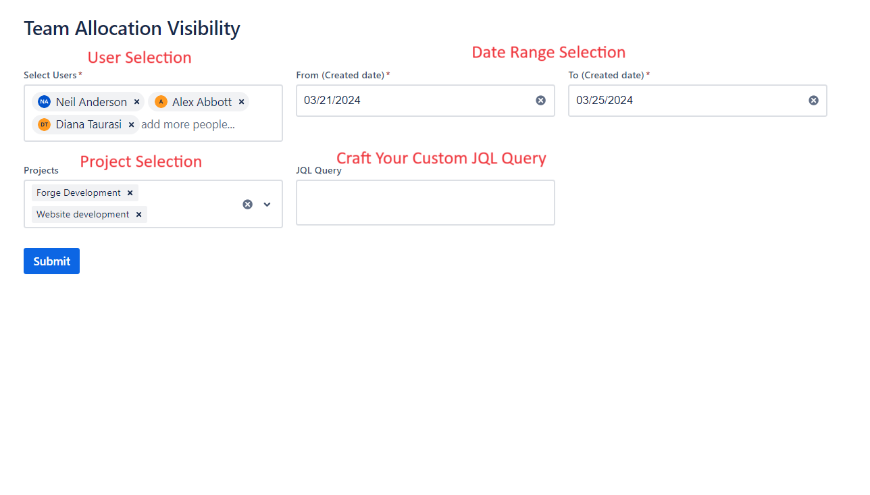 Include Username, Date range, Project name, and Custom JQL query values in your filter to obtain the desired results presented in a straightforward tabular format