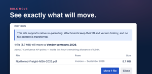 The dry run before a move: the target page, what will move and from where, and whether the site re-parents natively, keeping the file ID and version history.