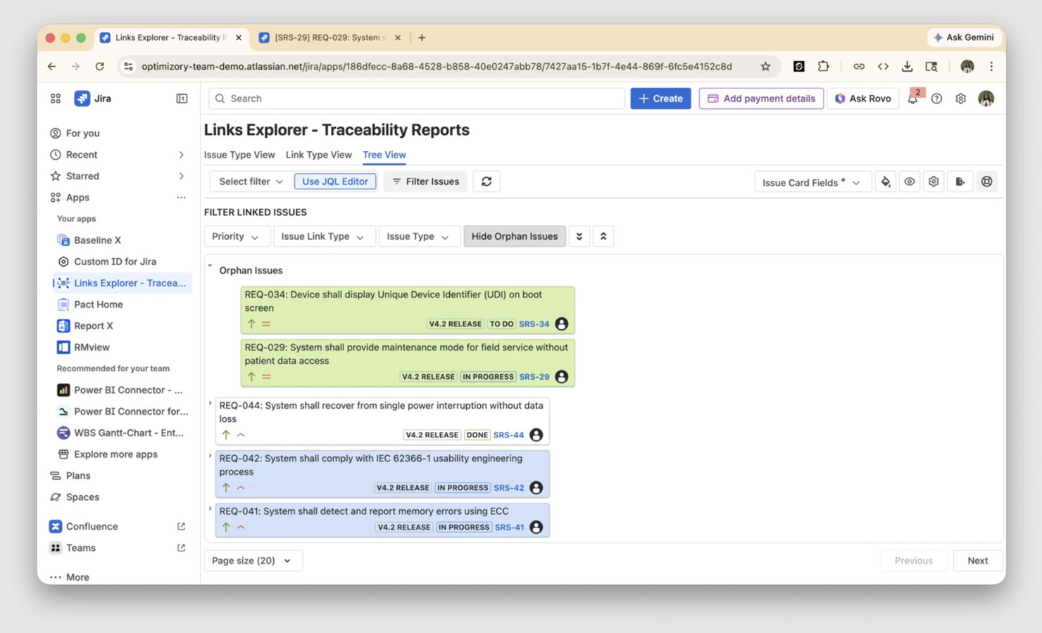 Coverage validation view highlighting orphan requirements with no downstream test links, surfaced automatically from live Jira issue links within the selected JQL scope.