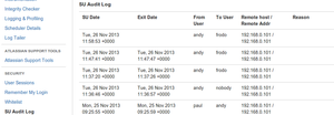 Shows the SU audit log entry available in the Jira System > Security section. The Auditing tracks who SU'd to who, when. History retention is configurable, purge of entries older than 10days occurs every SU.