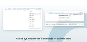 Search by selection in Jira's JQL editor. Autocomplete offers the values a Work Item Selector field holds, and the functions workItemsSelectedBy, workItemsSelectedByAny and workItemsSelecting.