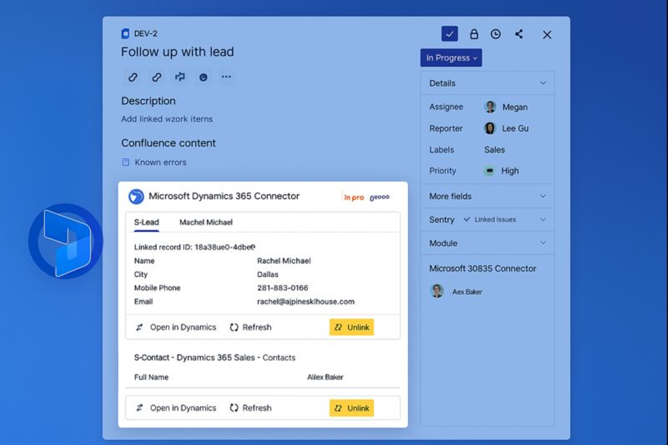 Jira issue panel displaying linked Dynamics 365 records with live field data and quick actions.