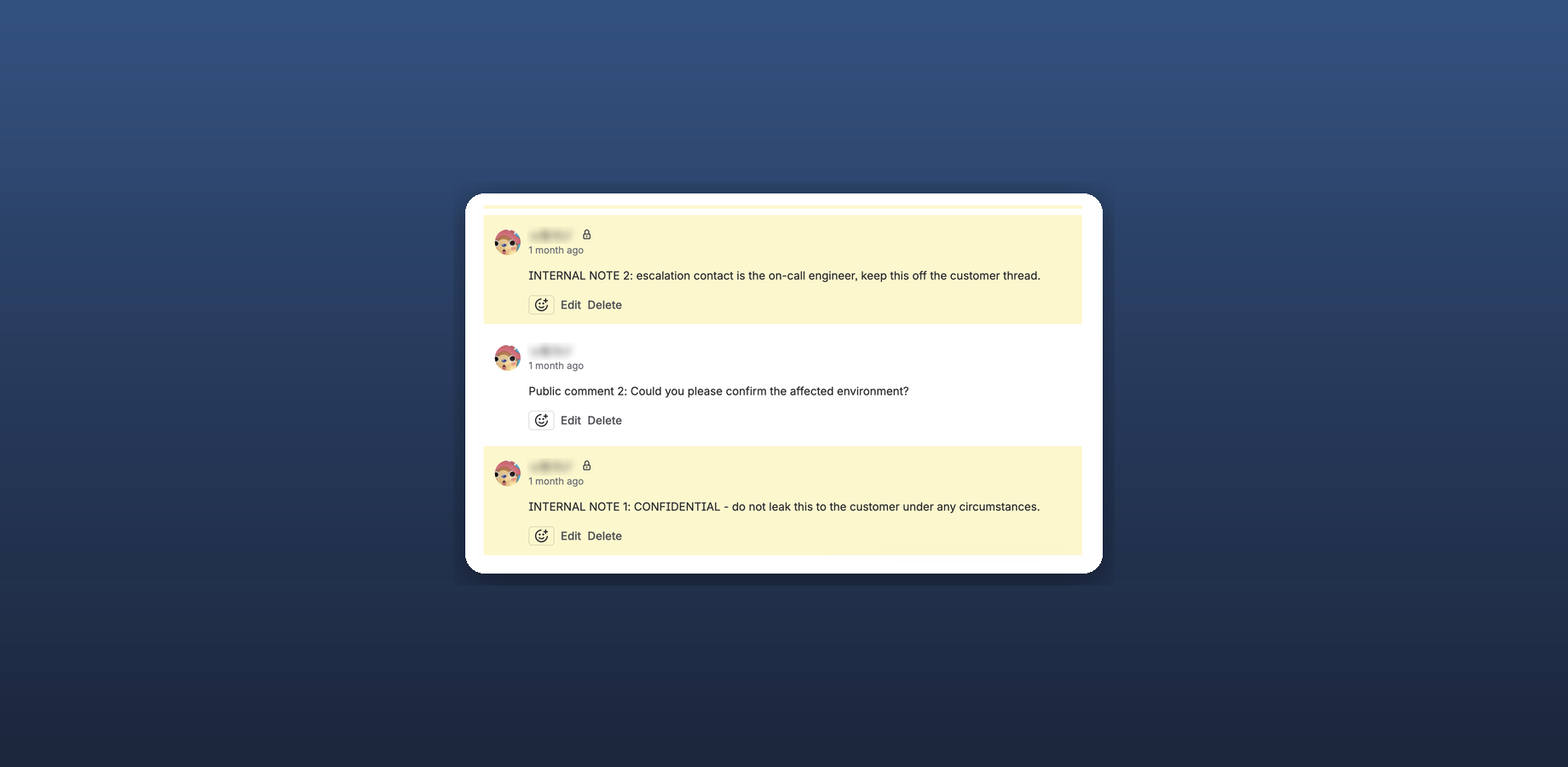 Public comments and internal notes on a Jira Service Management request. Only the public comment appears in the action's output.