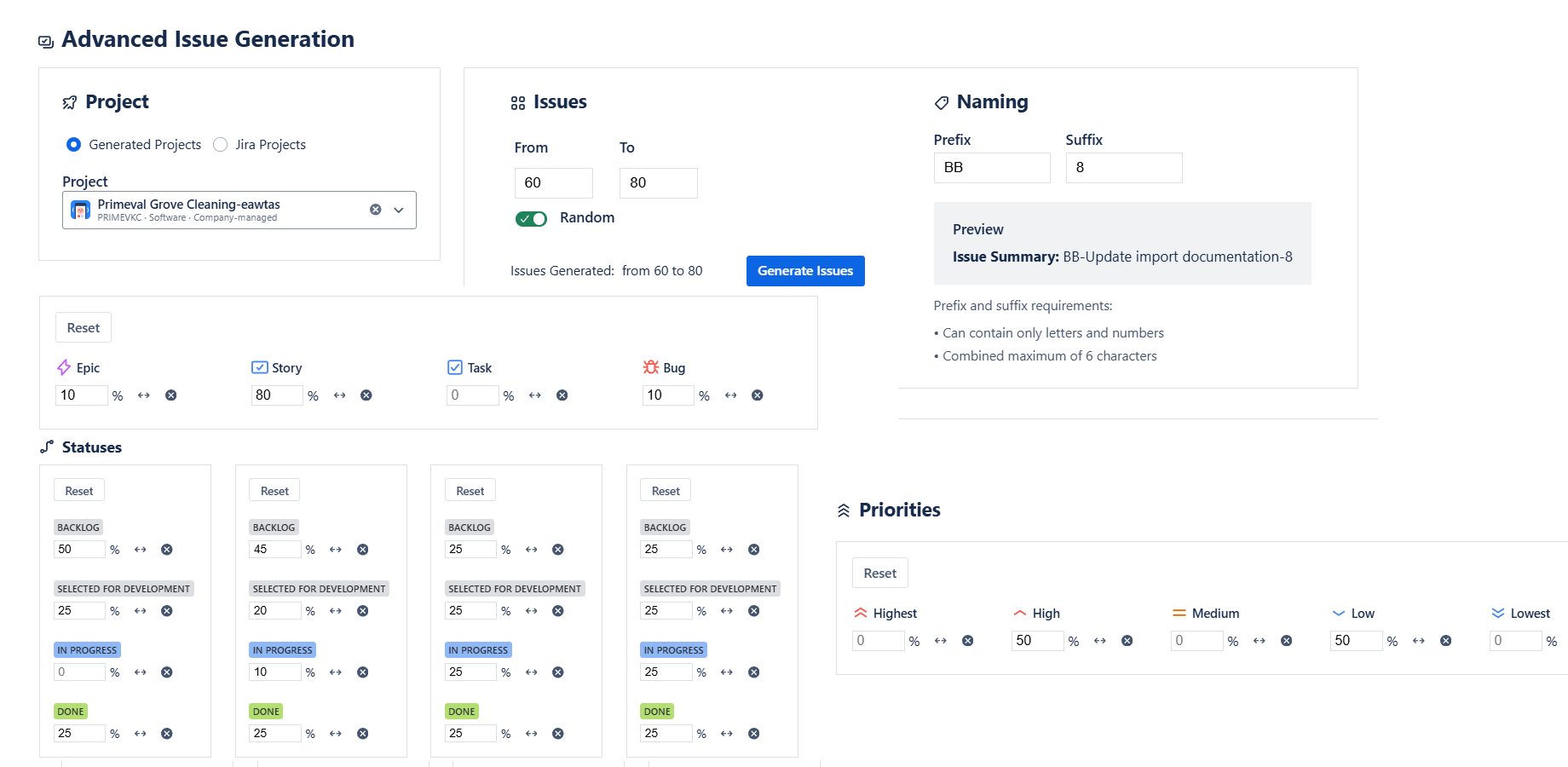 Bulk issue generation with flexible quantity and naming rules.