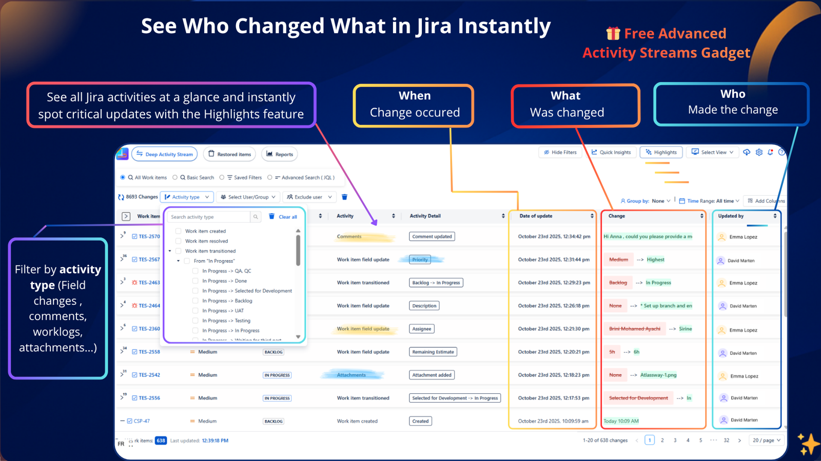 Colored Work Item History for Jira showing color-coded field changes, issue history timeline, and user activity tracking. Visualizes who changed what, when, and why for full audit and compliance visibility.