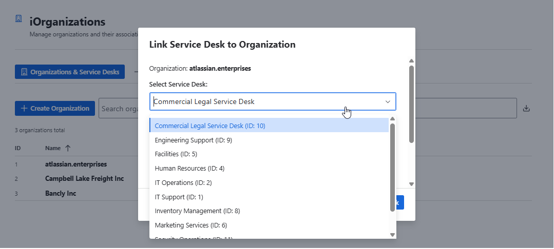 You can select the service projects to associate to that organization, using only one screen.