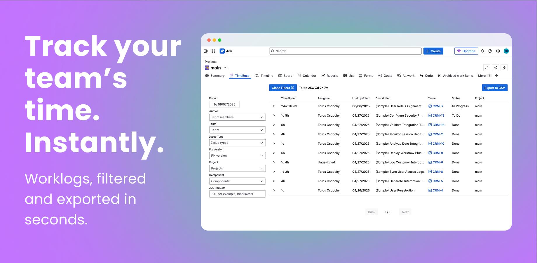 Easily browse, filter, and export worklogs across projects for better reporting and insights.