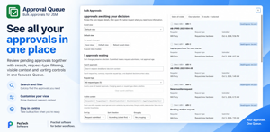 See pending approvals together with search, request-type filtering, visible context and sorting controls in one focused Queue.